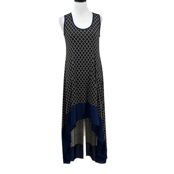 T Bags Dress Womens XS Black Blue Argyle Print High Low Ruffled‎ Hem Sleeveless - Picture 1 of 13